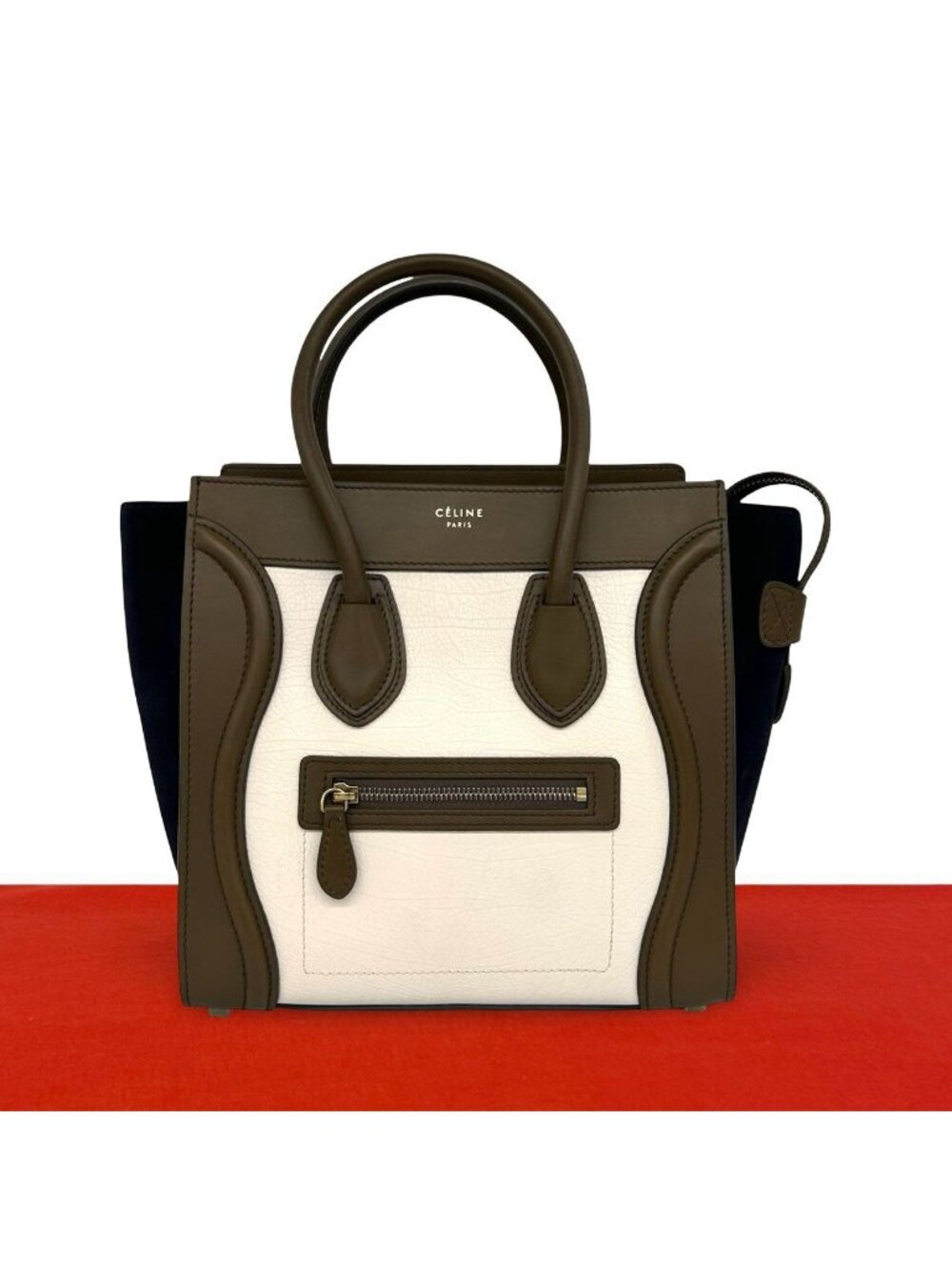 Celine Luggage Micro Logo Suede Leather Tote Bag Brown Navy Ivory